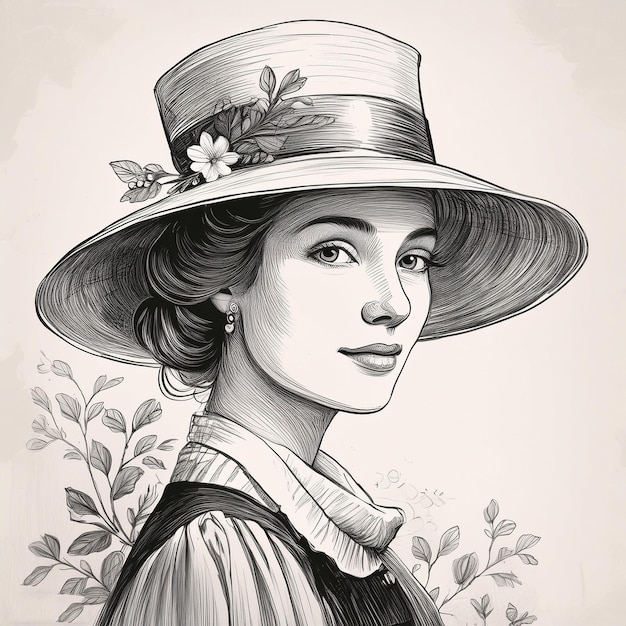 a drawing of a woman wearing a hat with flowers on it