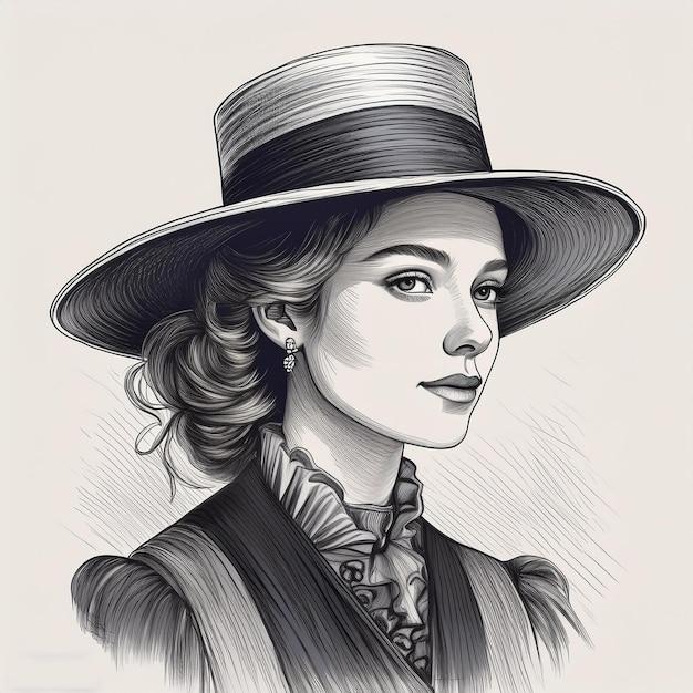 a drawing of a woman wearing a hat with a scarf around her neck