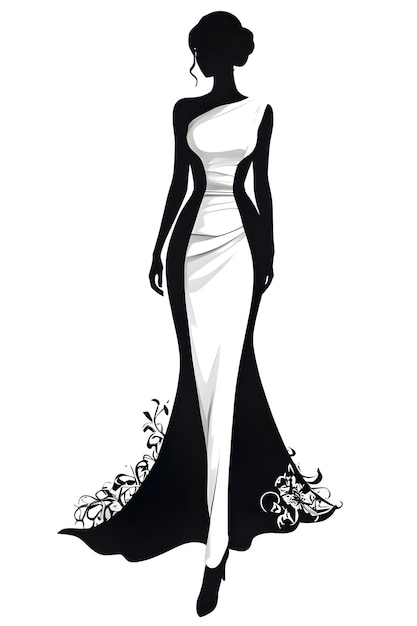 a drawing of a woman in a white dress with a black and white dress