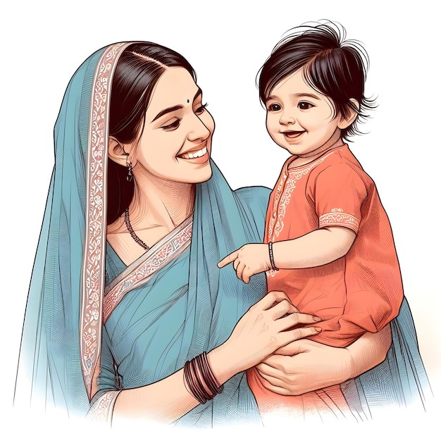 a drawing of a woman with a baby on her shoulder