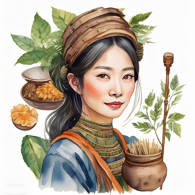 a drawing of a woman with a bamboo hat and bamboo sticks