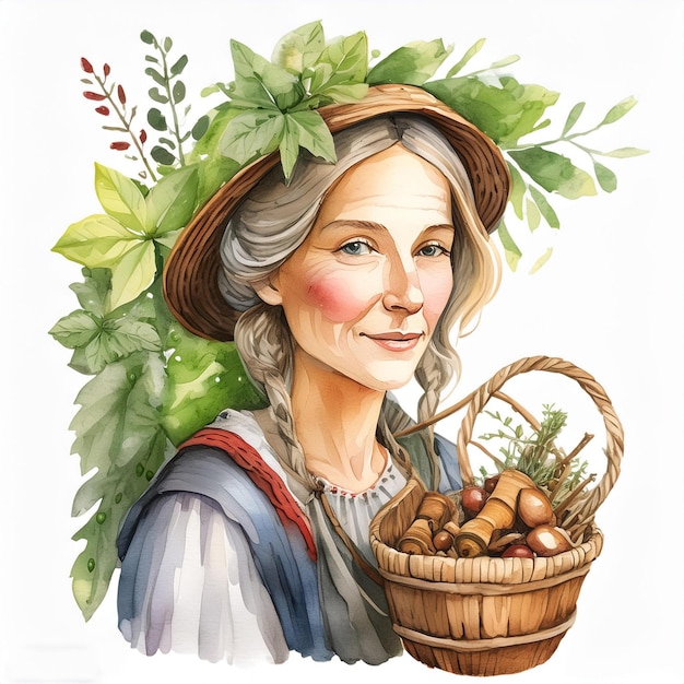 a drawing of a woman with a basket of potatoes and a basket of potatoes