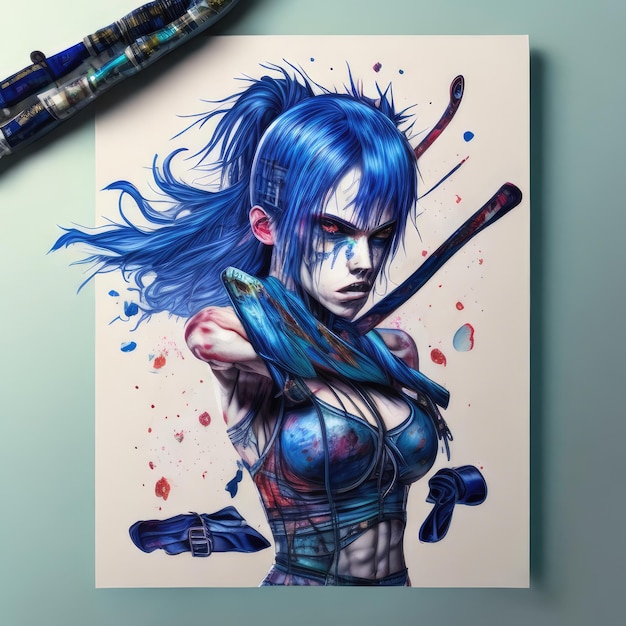 A drawing of a woman with blue hair and blue eyes.