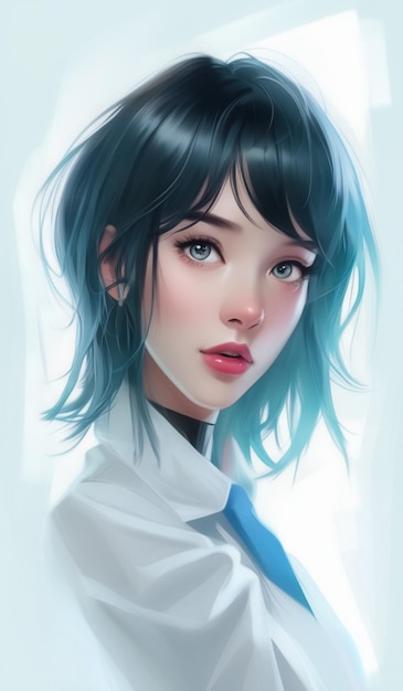 a drawing of a woman with a blue hair and a tie