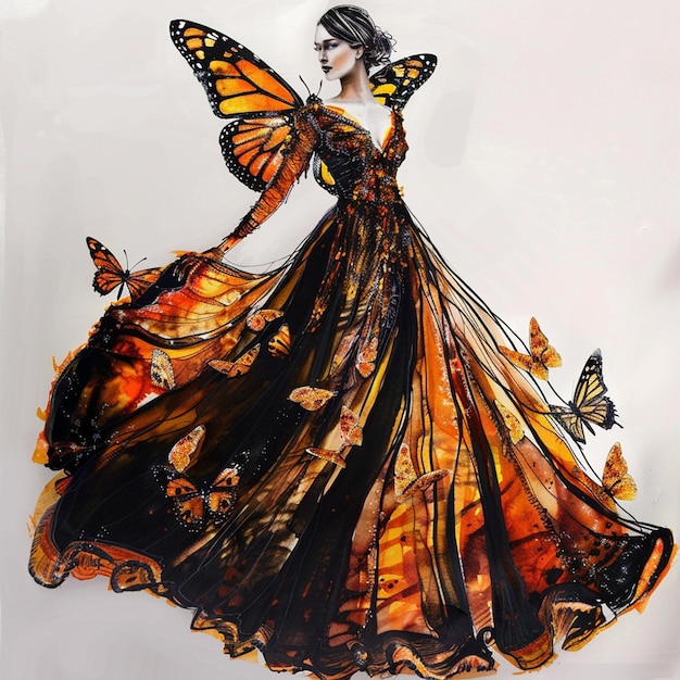 a drawing of a woman with butterflies on her dress