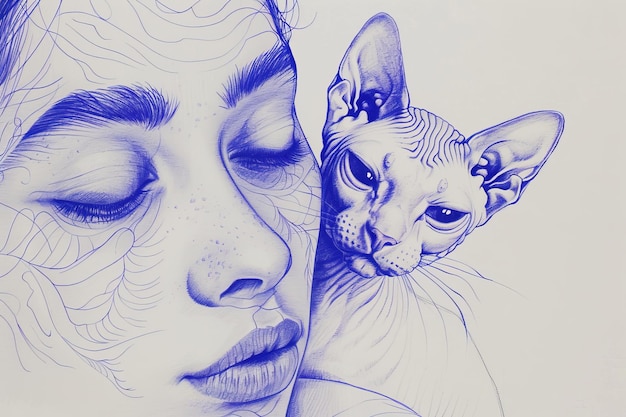 Photo a drawing of a woman with a cat on her shoulder