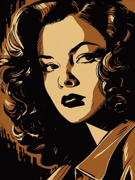 A drawing of a woman with curly hair and a black nose.