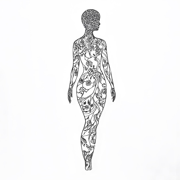 a drawing of a woman with flowers on her back