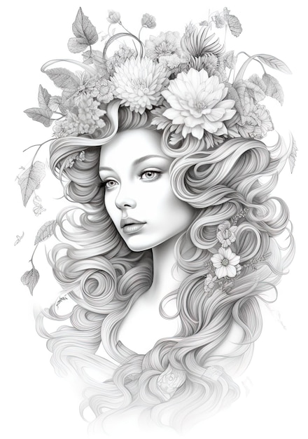 a drawing of a woman with flowers in her hair.