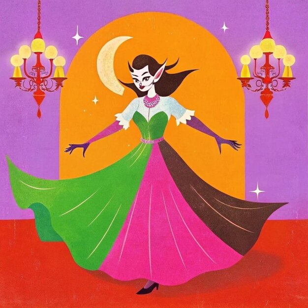 Photo a drawing of a woman with a green dress and a pink background with a moon behind her