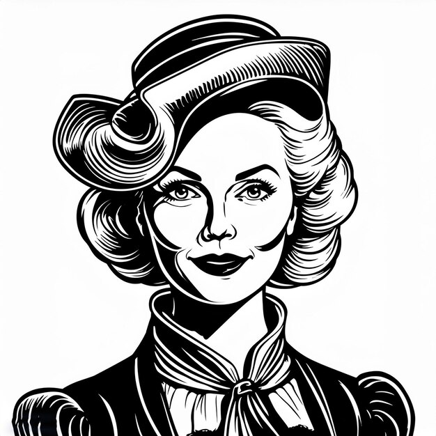 a drawing of a woman with a hat on her head