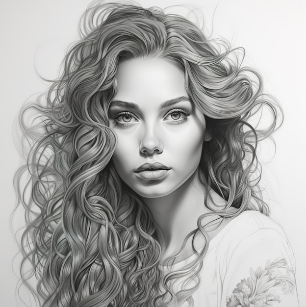 a drawing of a woman with long curly hair.