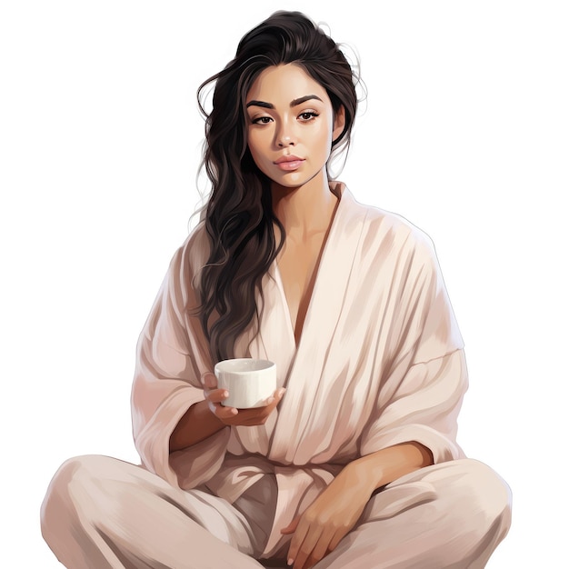 a drawing of a woman with long dark hair and a white shirt with a picture of a woman holding a cup.