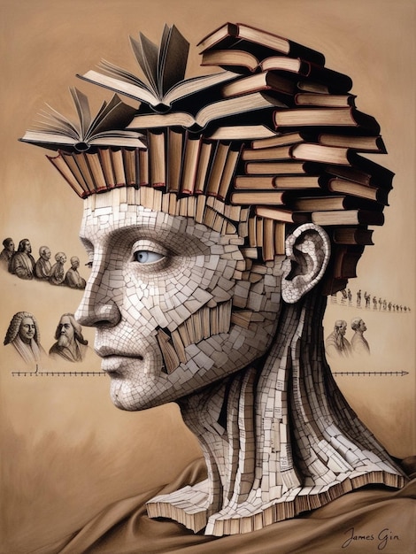 a drawing of a woman with a lot of books on it