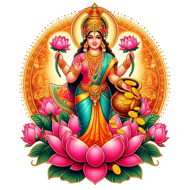 a drawing of a woman with lotus flowers and a statue of deity