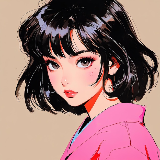 a drawing of a woman with a pink jacket on it