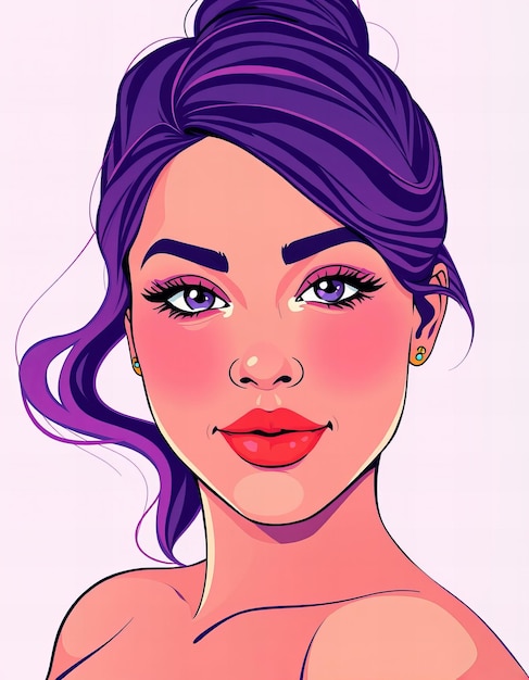 Photo a drawing of a woman with purple hair and a pink lip