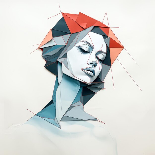 a drawing of a woman with a red and blue geometric pattern on it