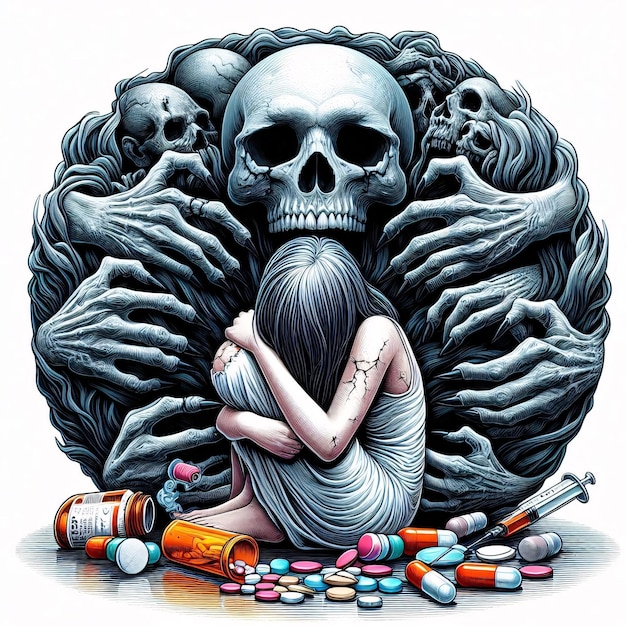 a drawing of a woman with a skull and pills