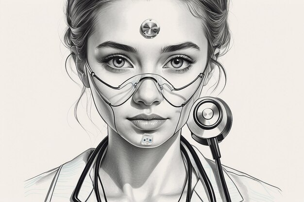 A drawing of a woman with a stethoscope on her face