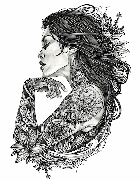 a drawing of a woman with tattoos and flowers on her arm generative ai