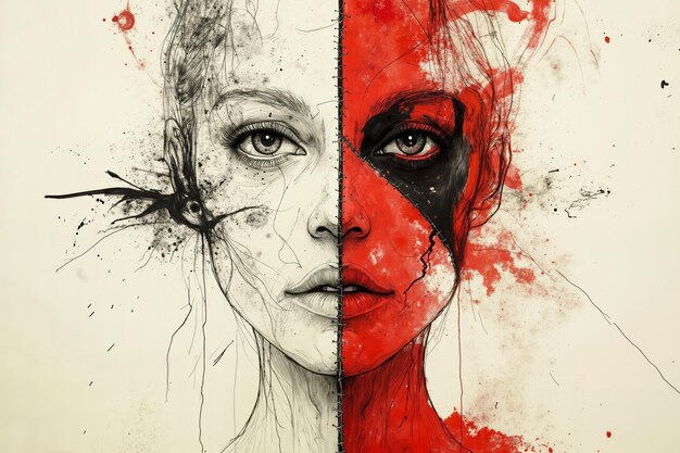 Photo a drawing of a womans face with red paint splatters on it