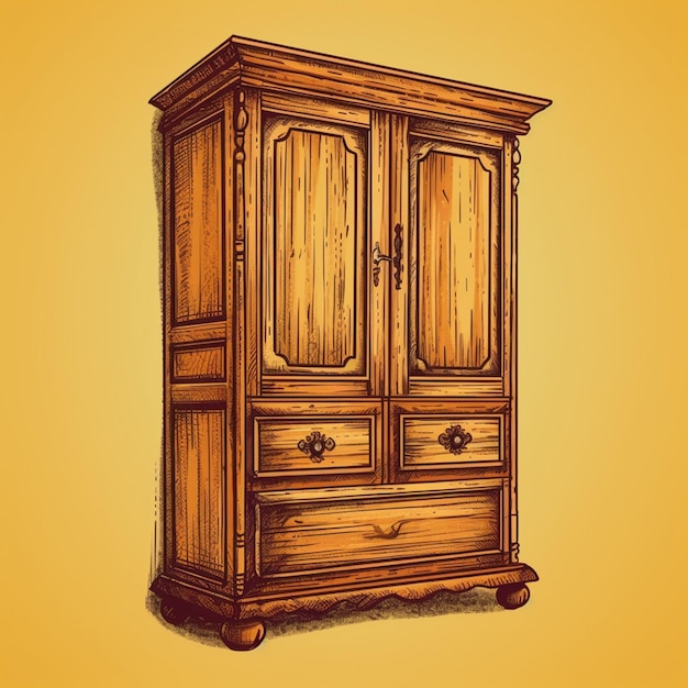 A drawing of a wooden armoire with drawers and a door generative ai