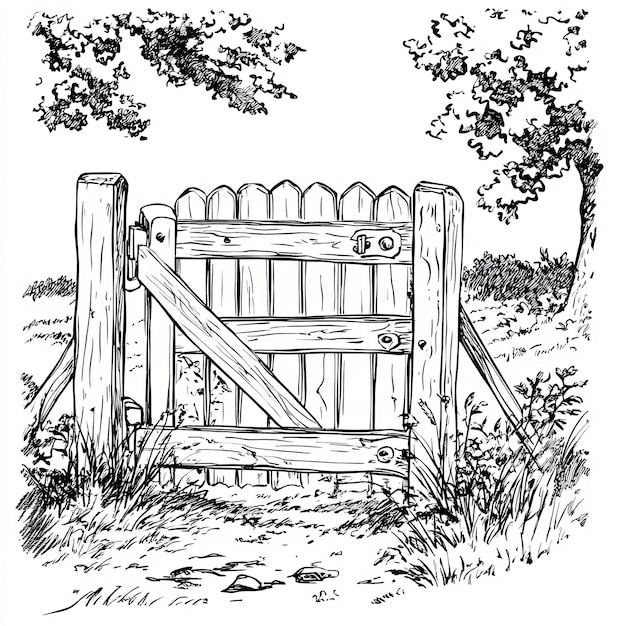 Photo a drawing of a wooden gate with a tree in the background