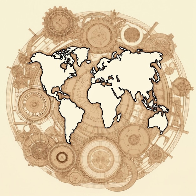 A drawing of a world map with gears around it.