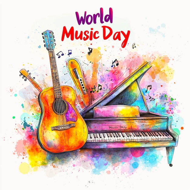 Photo a drawing of a world music day with a piano and a piano