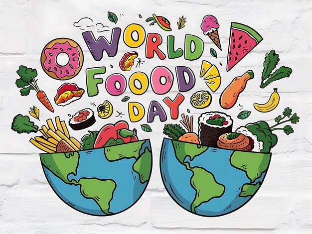 Photo a drawing of a world with a world of food in the middle