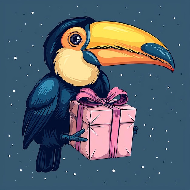 Photo a drawing of a yellow and black bird with a yellow beak holding a gift