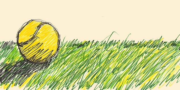 a drawing of a yellow tennis ball with a yellow line in the grass