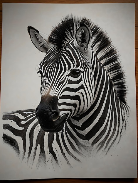 a drawing of a zebra with a black and white face