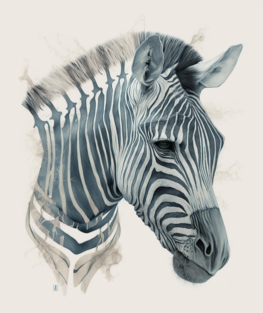 A drawing of a zebra with a blue and white stripes.