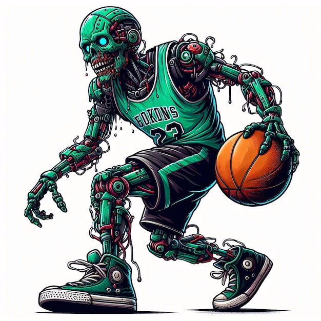 a drawing of a ZOMBIE CARTOON PLAYING WITH BASKETBALL