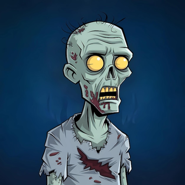 a drawing of a zombie with yellow eyes and a black background