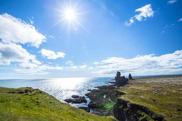 Drawings of the giant stones over the sea on the coast of the Snaefellsnes peninsula Iceland