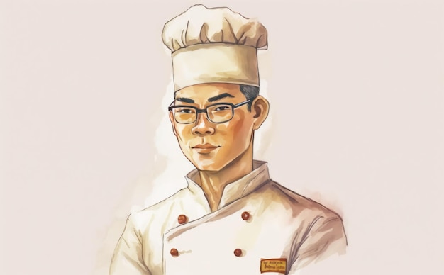 a drawn asian man chef on white background watercolor restaurant illustrations ai generated