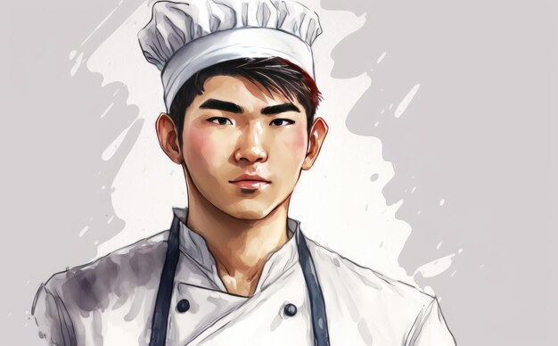 a drawn asian man chef on white background watercolor restaurant illustrations ai generated