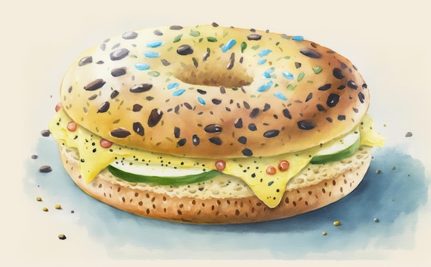 A drawn bagel or doughnut on white background watercolor pastry illustrations ai generated