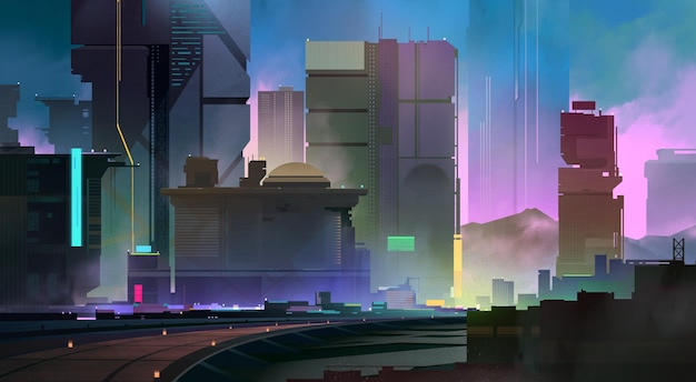 Drawn bright landscape of the city of the future