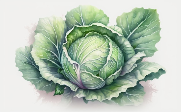 a drawn cabbage on white background watercolor green vegetable illustrations ai generated