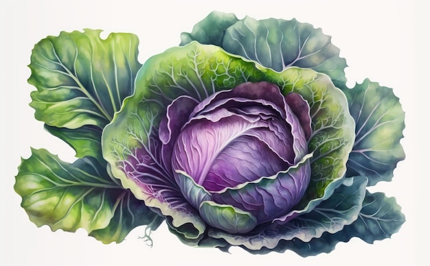 A drawn cabbage on white background watercolor vegetable organic food illustrations ai generated