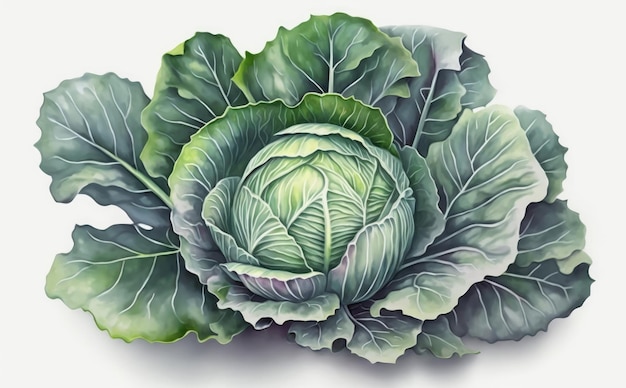 A drawn cabbage on white background watercolor vegetable organic food illustrations ai generated