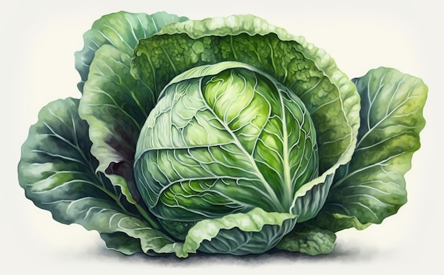 A drawn cabbage on white background watercolor vegetable organic food illustrations ai generated