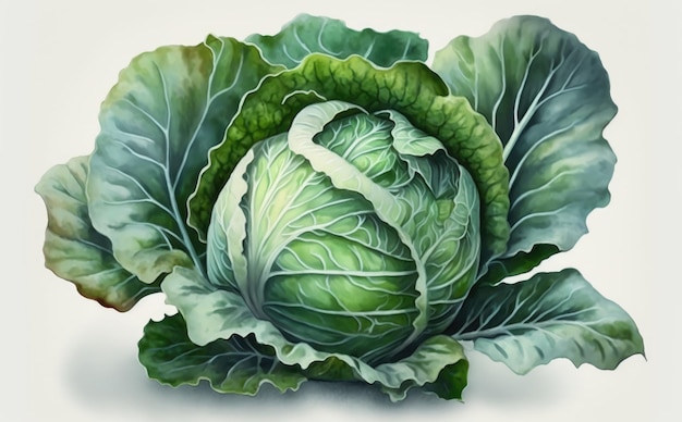 A drawn cabbage on white background watercolor vegetable organic food illustrations ai generated