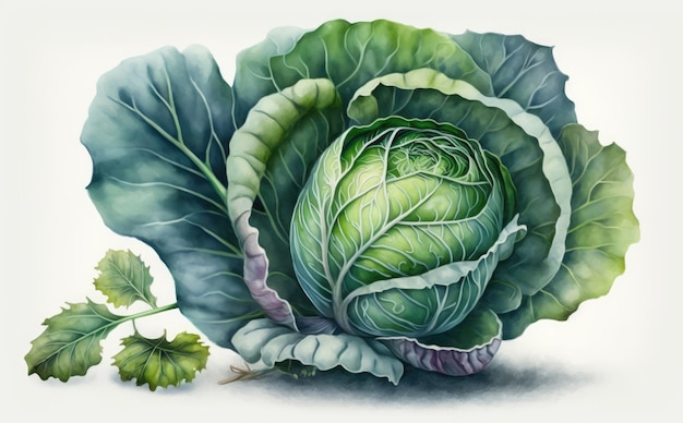 A drawn cabbage on white background watercolor vegetable organic food illustrations ai generated