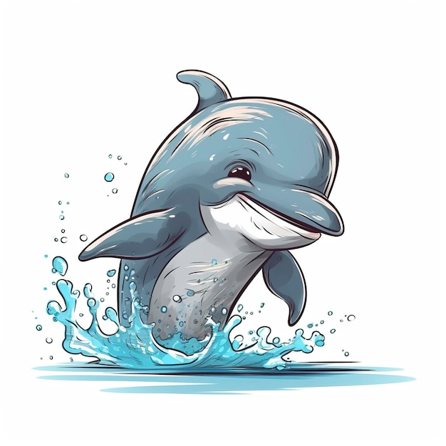 Drawn cartoon cute funny dolphin white background minimalism generat ai