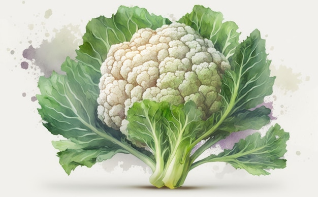 a drawn cauliflower on white background watercolor green vegetable illustrations ai generated